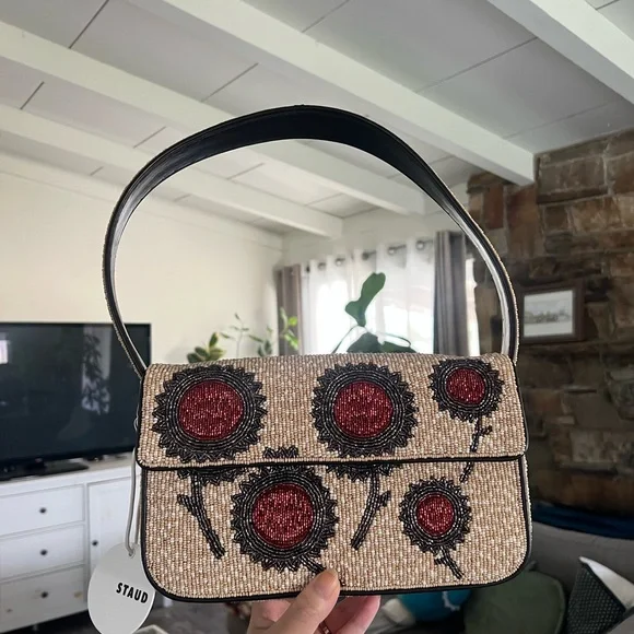 Staud Tommy Summer Sunflower Beige and Red Floral Women's Bag - Picture 1 of 6